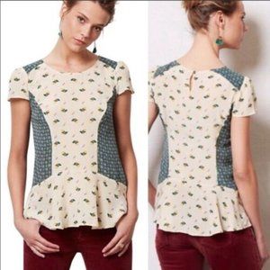 Anthropologie Maeve 100% Silk Acorn fall earthy Design Peplum Blouse - S…